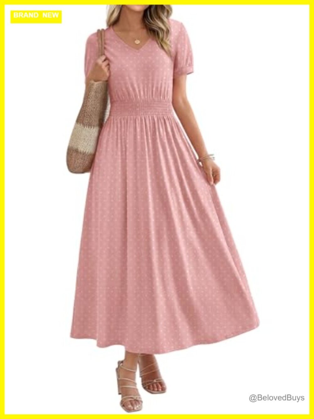 OFEEFAN Women's Maxi Dress V Neck A Line Smocked Waist Casual Summer Beach
